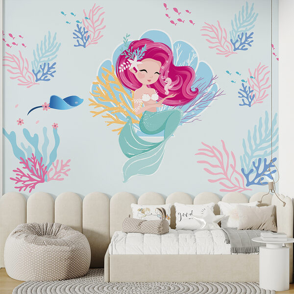 Sirène de dessin animé avec des cheveux roses et un hippocampe Sirène de dessin animé avec des cheveux roses et un hippocampe