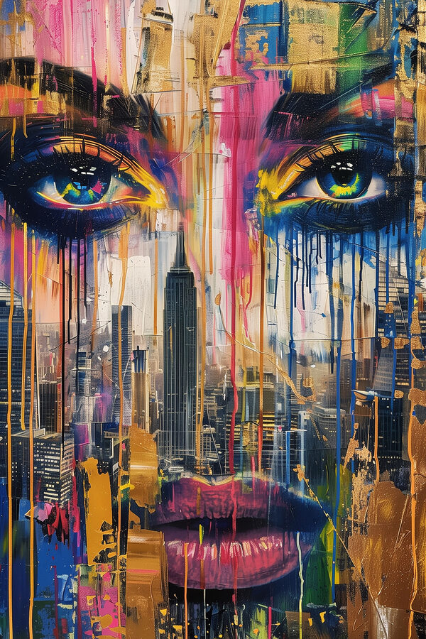 Peinture d'un visage de femme avec des gouttes de peinture colorée Peinture d'un visage de femme avec des gouttes de peinture colorée