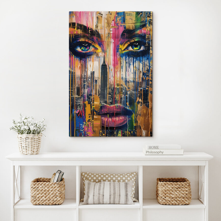 Peinture d'un visage de femme avec des gouttes de peinture colorée