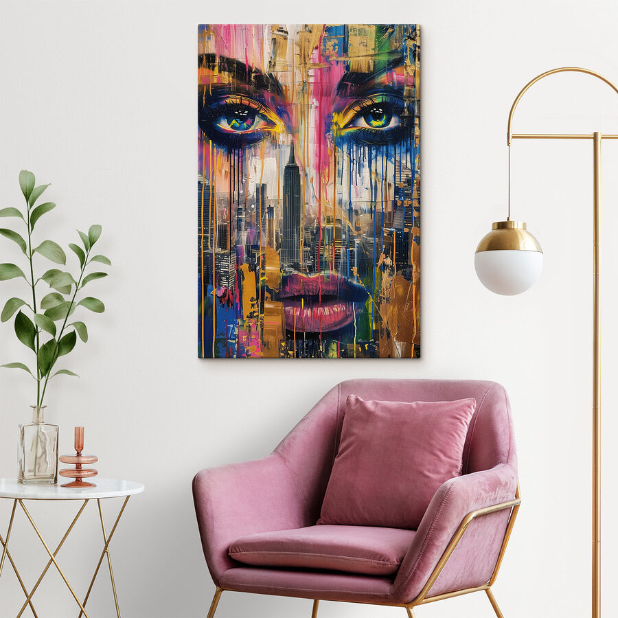 Peinture d'un visage de femme avec des gouttes de peinture colorée