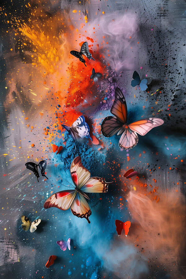 Papillons volant dans un nuage coloré Papillons volant dans un nuage coloré