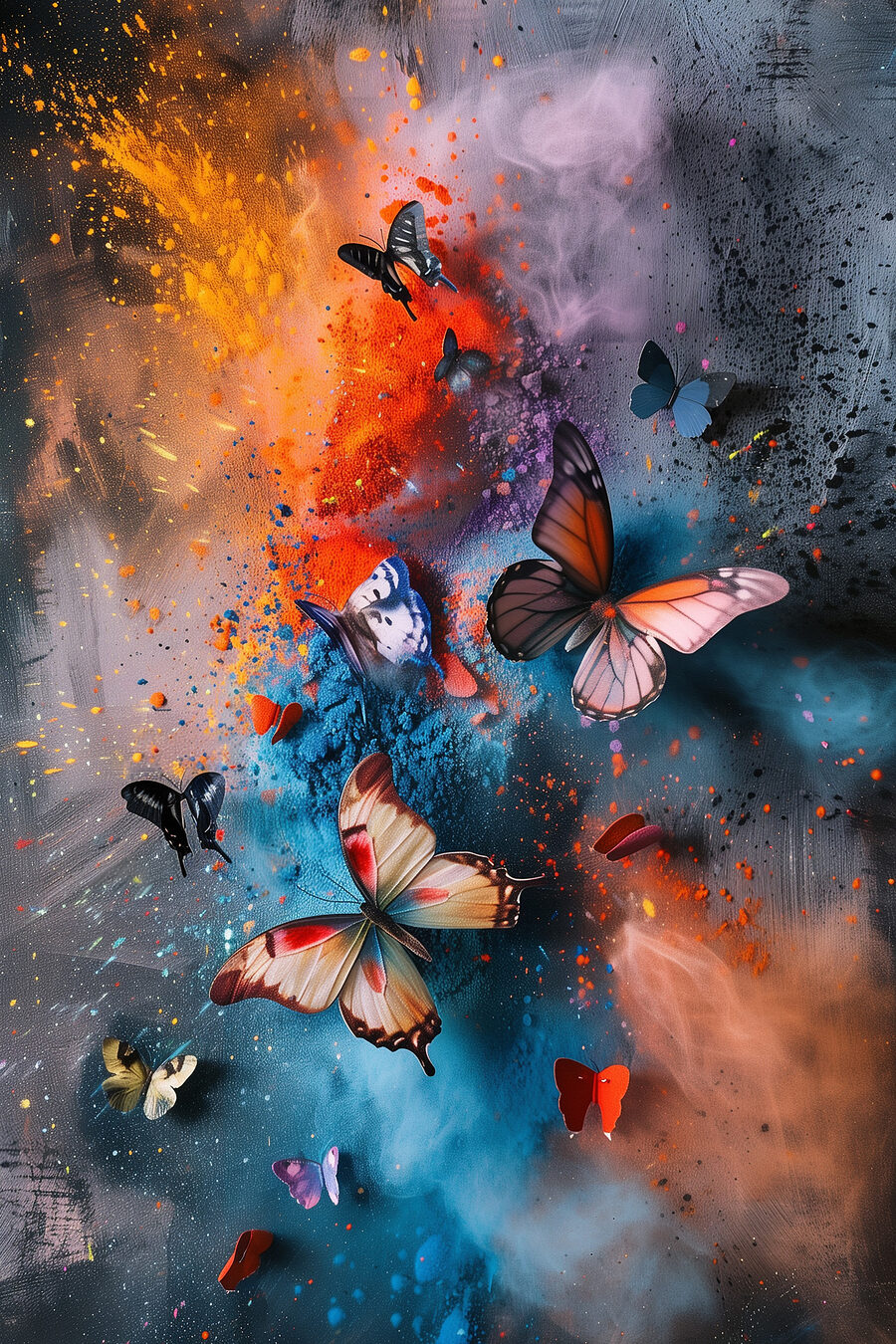 Papillons volant dans un nuage coloré