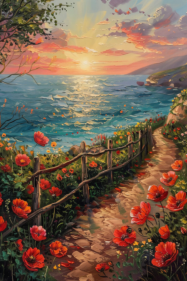 Peinture d'un chemin au bord de l'eau avec des fleurs Peinture d'un chemin au bord de l'eau avec des fleurs
