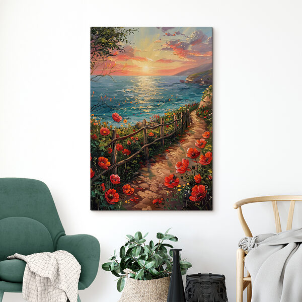 Peinture d'un chemin au bord de l'eau avec des fleurs Peinture d'un chemin au bord de l'eau avec des fleurs