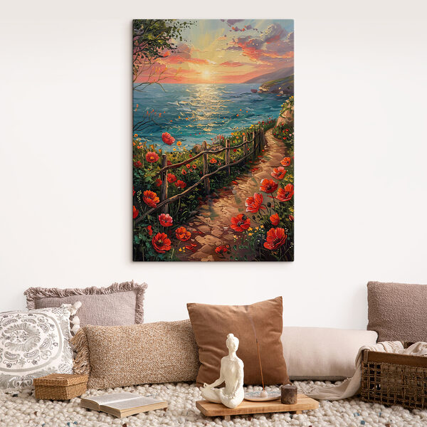 Peinture d'un chemin au bord de l'eau avec des fleurs Peinture d'un chemin au bord de l'eau avec des fleurs