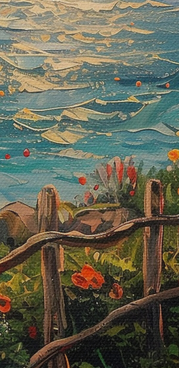 Peinture d'un chemin au bord de l'eau avec des fleurs Peinture d'un chemin au bord de l'eau avec des fleurs