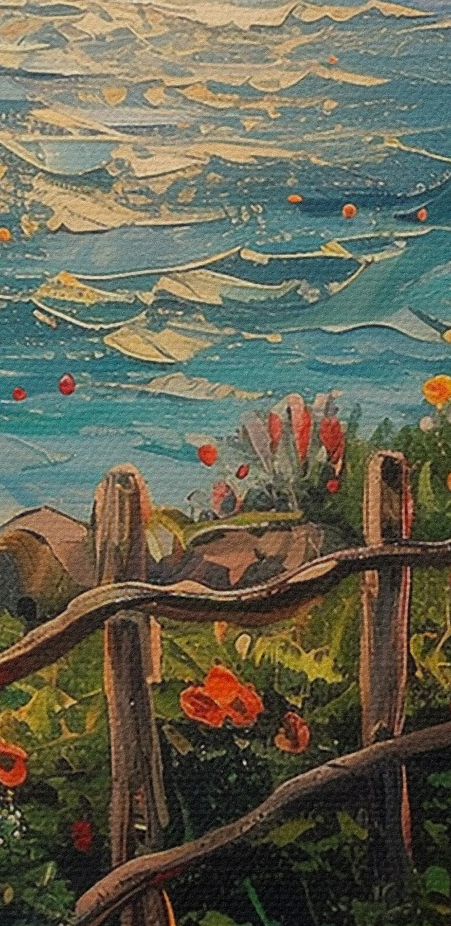 Peinture d'un chemin au bord de l'eau avec des fleurs Peinture d'un chemin au bord de l'eau avec des fleurs