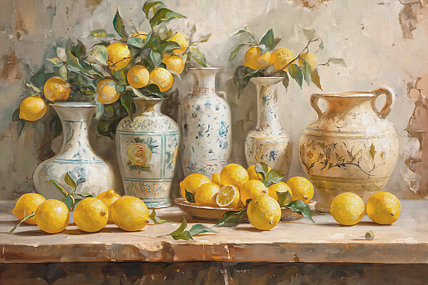 Painting of lemons and vases on a table Painting of lemons and vases on a table