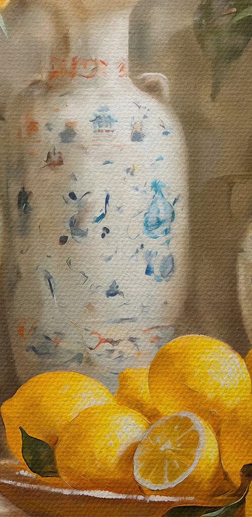 Painting of lemons and vases on a table Painting of lemons and vases on a table