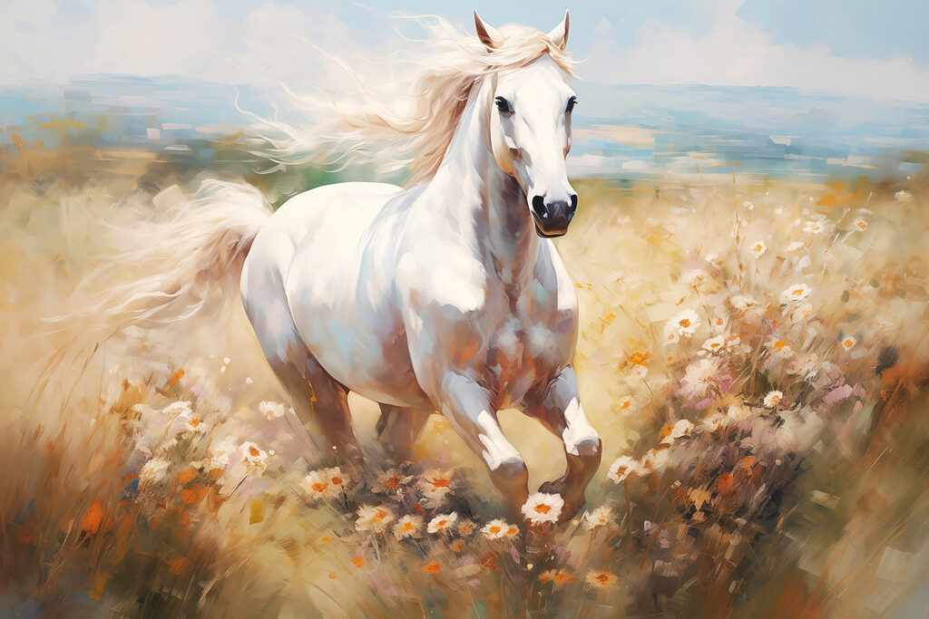 Cheval blanc courant dans un champ de fleurs Cheval blanc courant dans un champ de fleurs