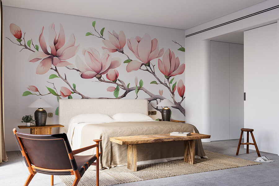Branche avec fleurs et feuilles roses