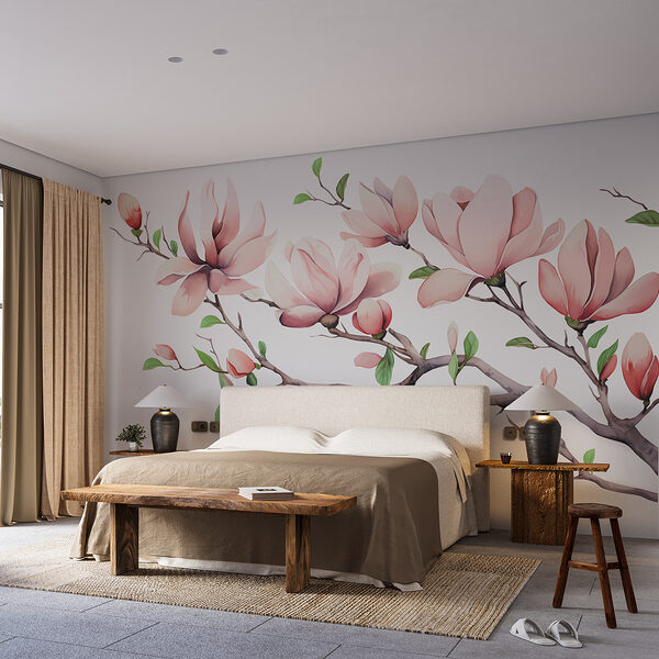 Branche avec fleurs et feuilles roses Branche avec fleurs et feuilles roses