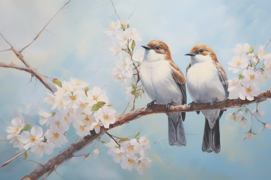 Deux oiseaux sur une branche avec des fleurs blanches