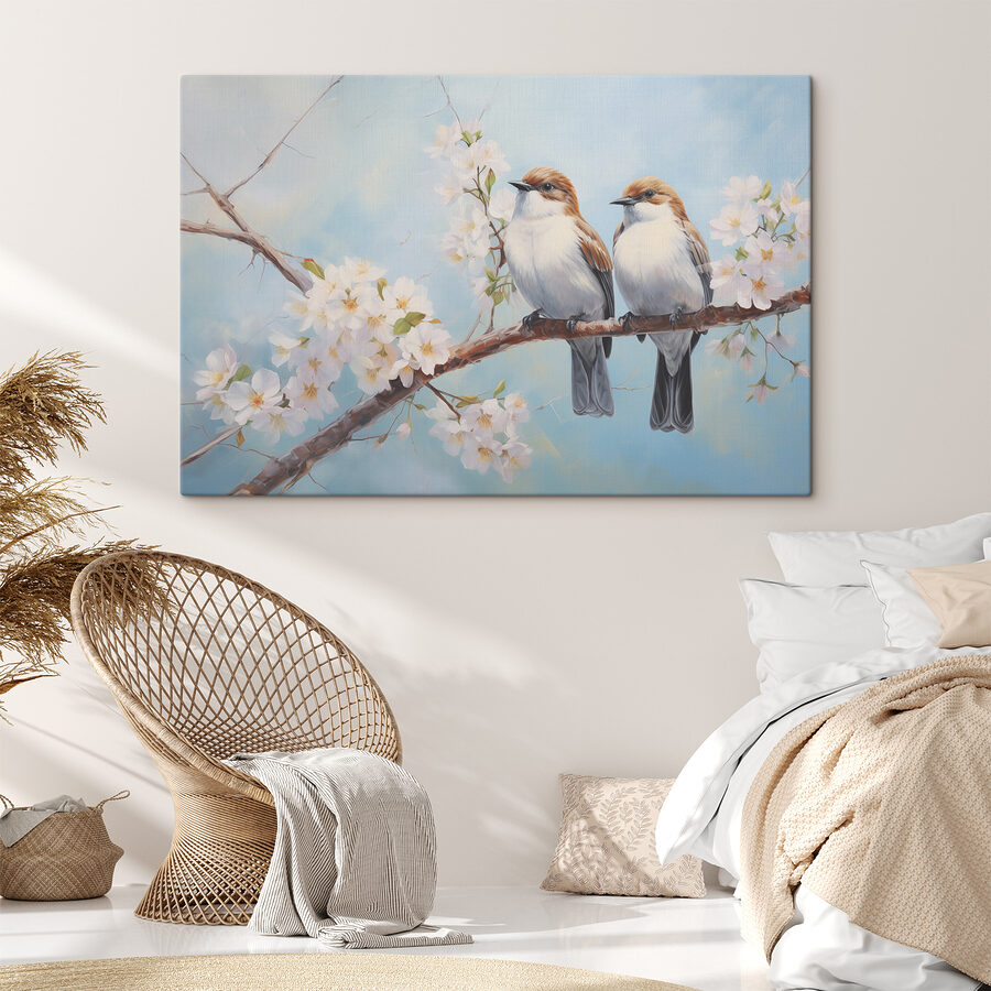 Deux oiseaux sur une branche avec des fleurs blanches