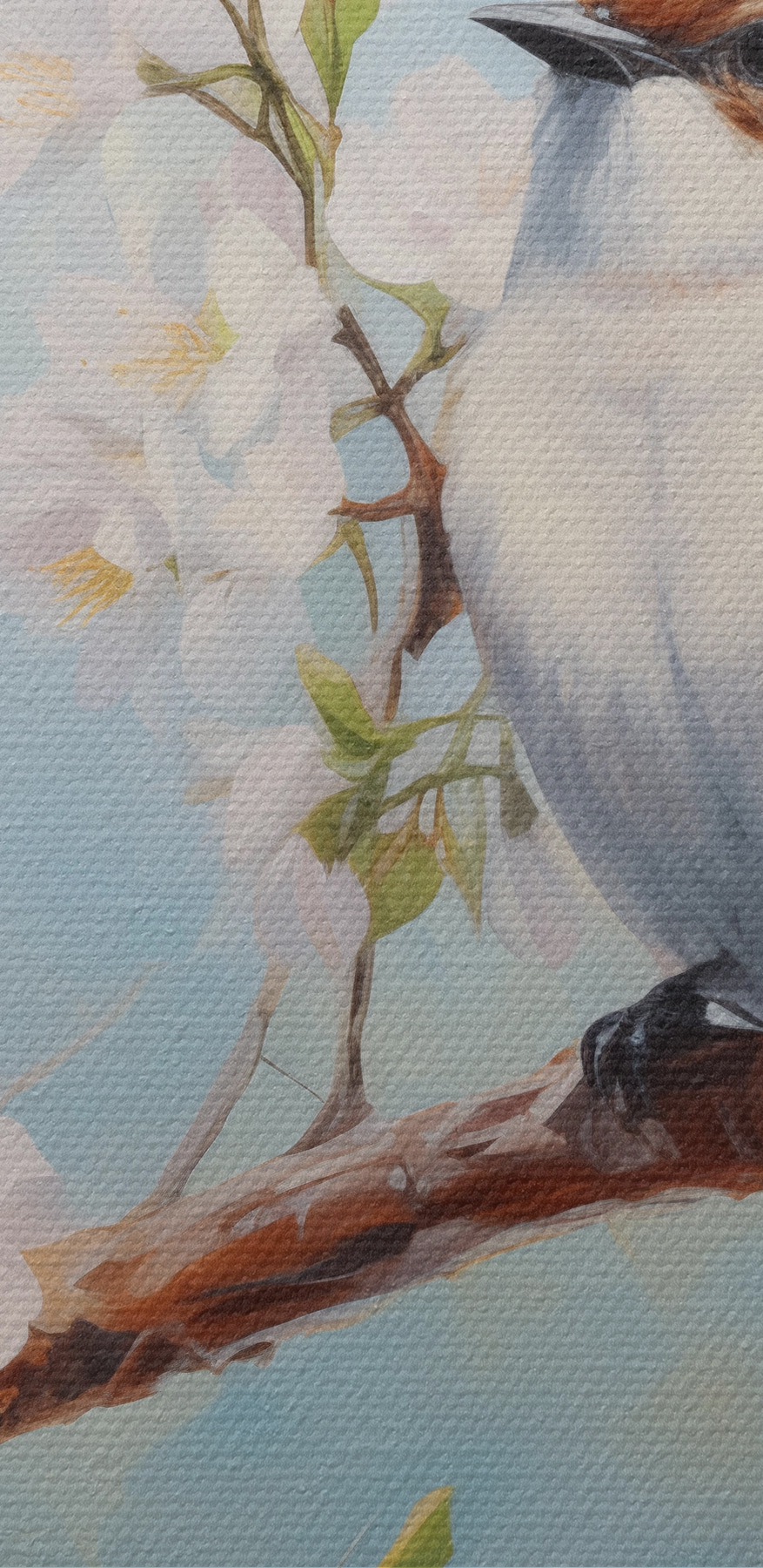 Deux oiseaux sur une branche avec des fleurs blanches