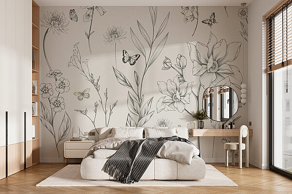 Papier peint avec des fleurs et des papillons Papier peint avec des fleurs et des papillons