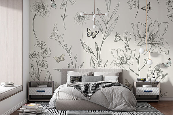 Papier peint avec des fleurs et des papillons Papier peint avec des fleurs et des papillons