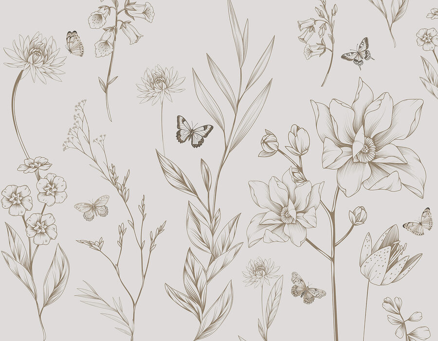 Papier peint avec des fleurs et des papillons
