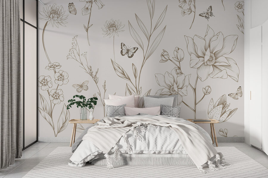 Papier peint avec des fleurs et des papillons