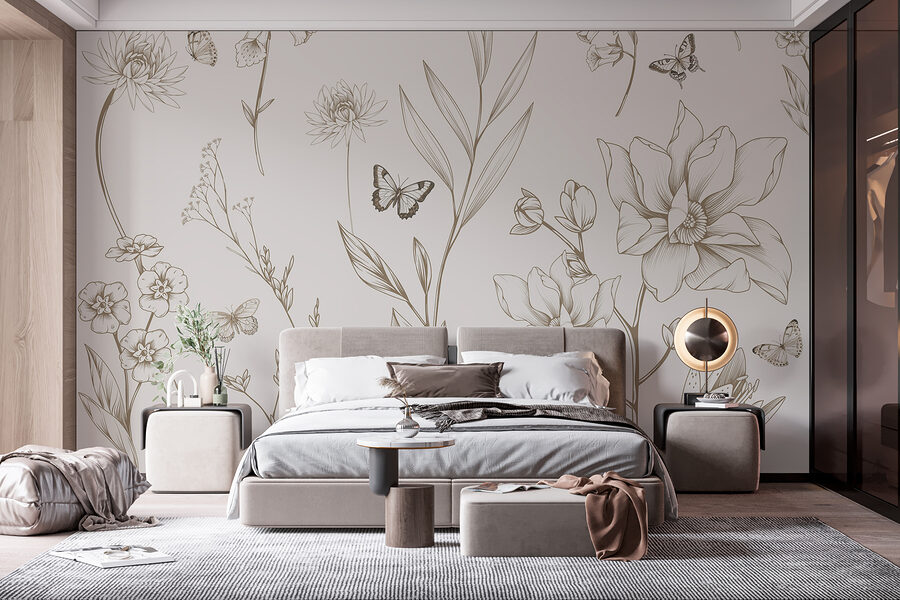 Papier peint avec des fleurs et des papillons
