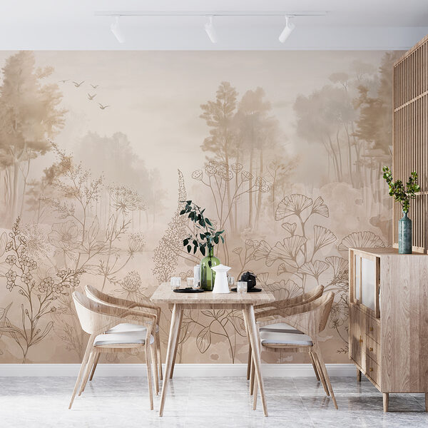 Paysage brumeux avec arbres et plantes Paysage brumeux avec arbres et plantes