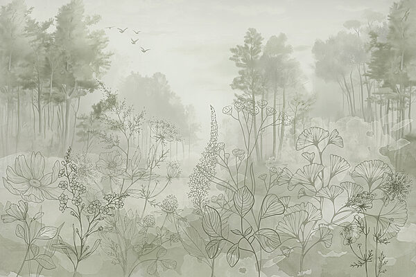 Forêt brumeuse avec arbres et oiseaux Forêt brumeuse avec arbres et oiseaux