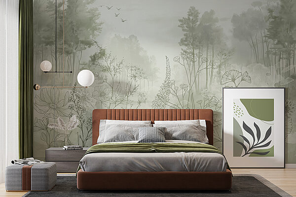 Forêt brumeuse avec arbres et oiseaux Forêt brumeuse avec arbres et oiseaux