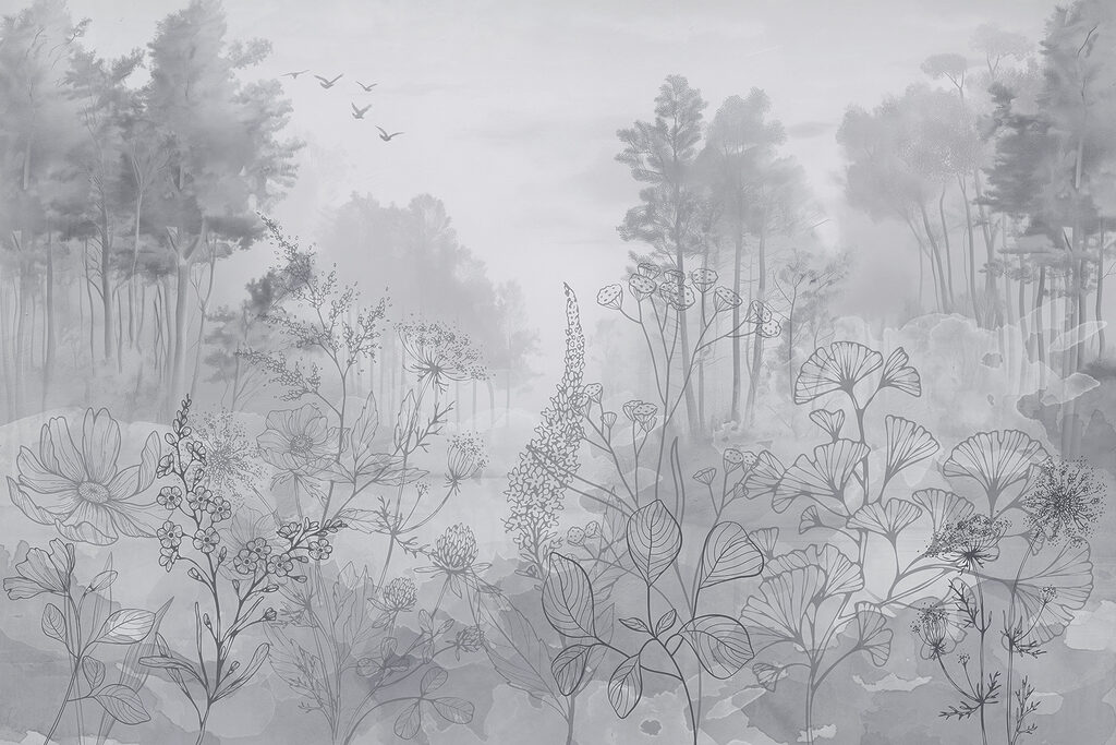 Image en niveaux de gris d'une forêt avec des oiseaux en vol Image en niveaux de gris d'une forêt avec des oiseaux en vol