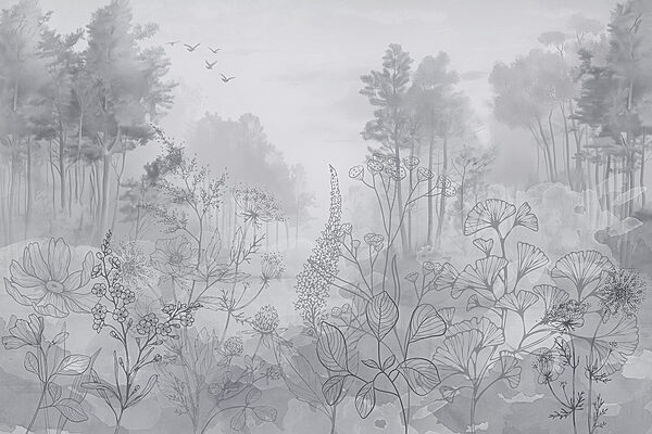 Image en niveaux de gris d'une forêt avec des oiseaux en vol Image en niveaux de gris d'une forêt avec des oiseaux en vol