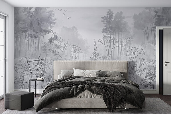 Image en niveaux de gris d'une forêt avec des oiseaux en vol Image en niveaux de gris d'une forêt avec des oiseaux en vol