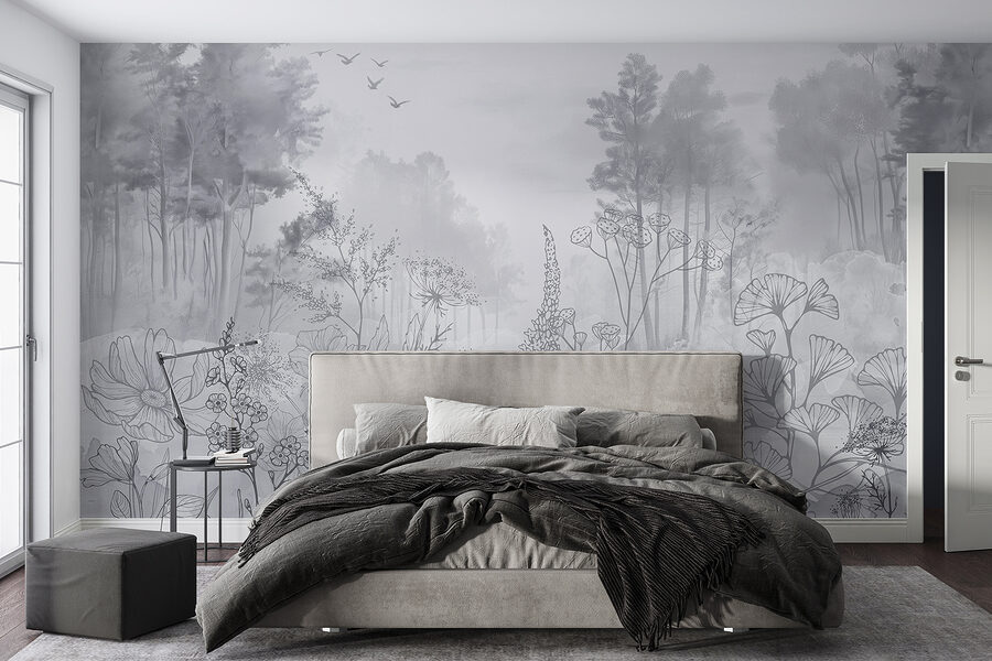 Image en niveaux de gris d'une forêt avec des oiseaux en vol
