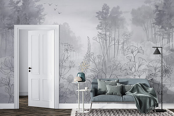 Image en niveaux de gris d'une forêt avec des oiseaux en vol Image en niveaux de gris d'une forêt avec des oiseaux en vol