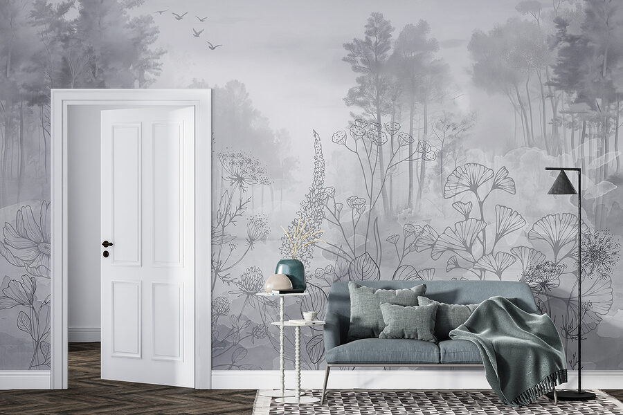 Image en niveaux de gris d'une forêt avec des oiseaux en vol