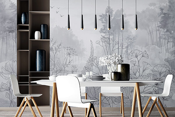 Image en niveaux de gris d'une forêt avec des oiseaux en vol Image en niveaux de gris d'une forêt avec des oiseaux en vol