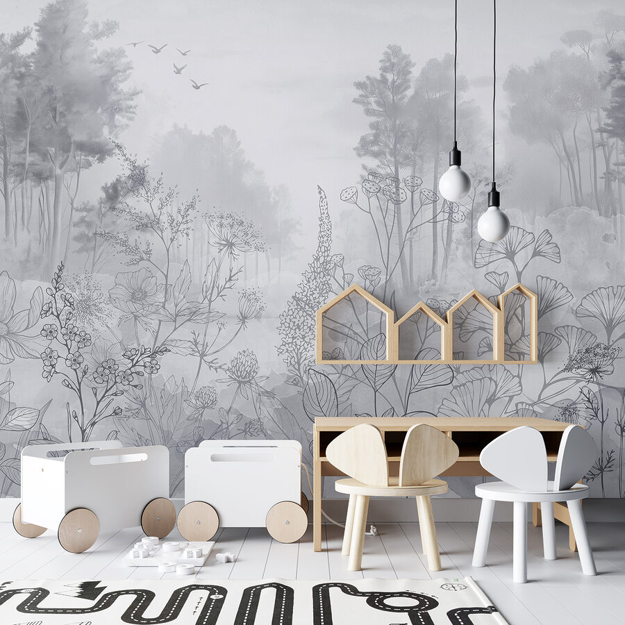Image en niveaux de gris d'une forêt avec des oiseaux en vol