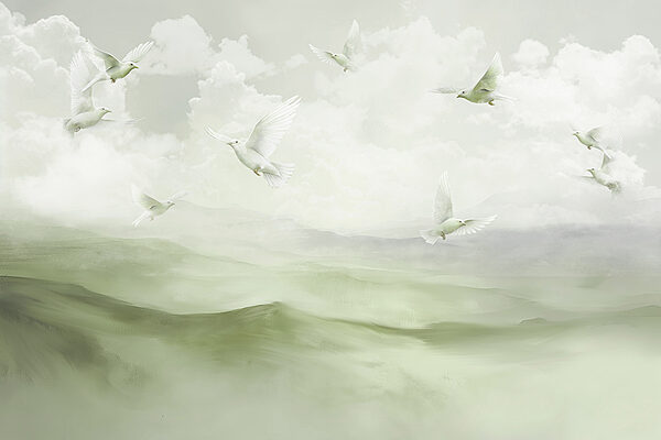 Group of white birds flying over a foggy landscape Group of white birds flying over a foggy landscape