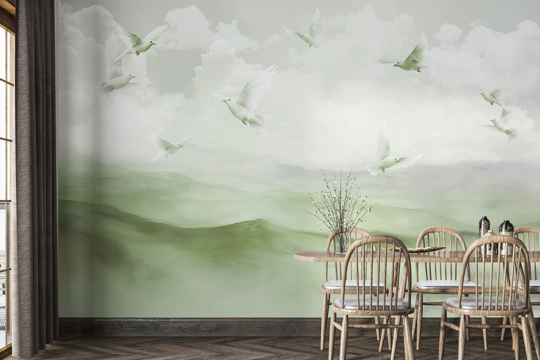 Group of white birds flying over a foggy landscape Group of white birds flying over a foggy landscape