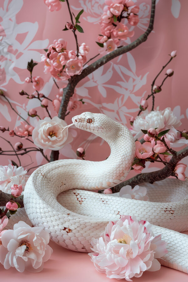 Serpent blanc à fleurs roses Serpent blanc à fleurs roses