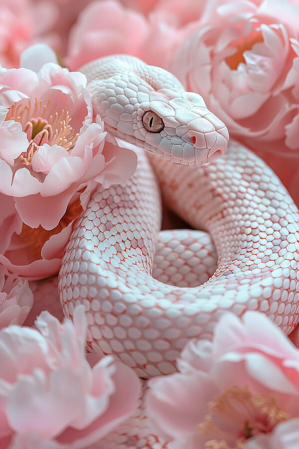 Serpent blanc dans des fleurs roses Serpent blanc dans des fleurs roses