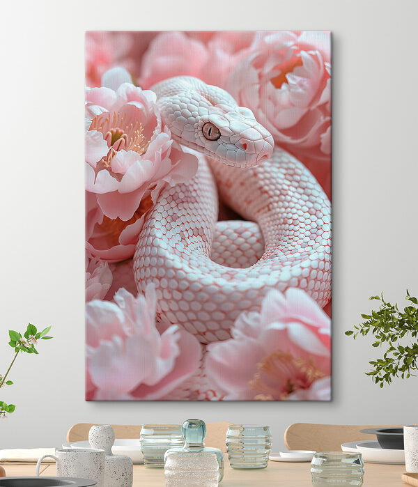 Serpent blanc dans des fleurs roses Serpent blanc dans des fleurs roses