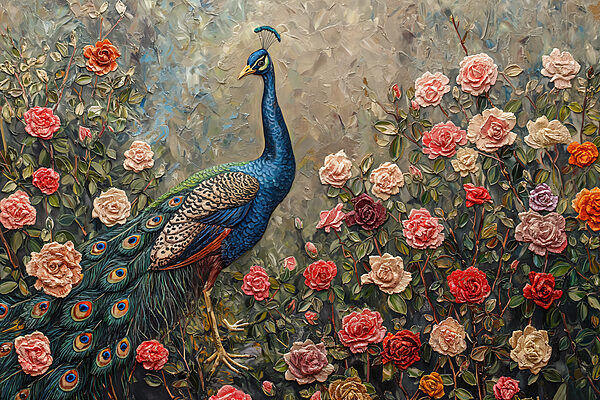 Peinture d'un paon entouré de fleurs Peinture d'un paon entouré de fleurs