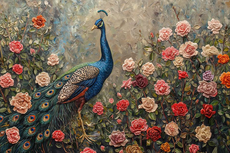 Peinture d'un paon entouré de fleurs
