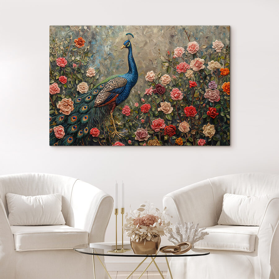 Peinture d'un paon entouré de fleurs