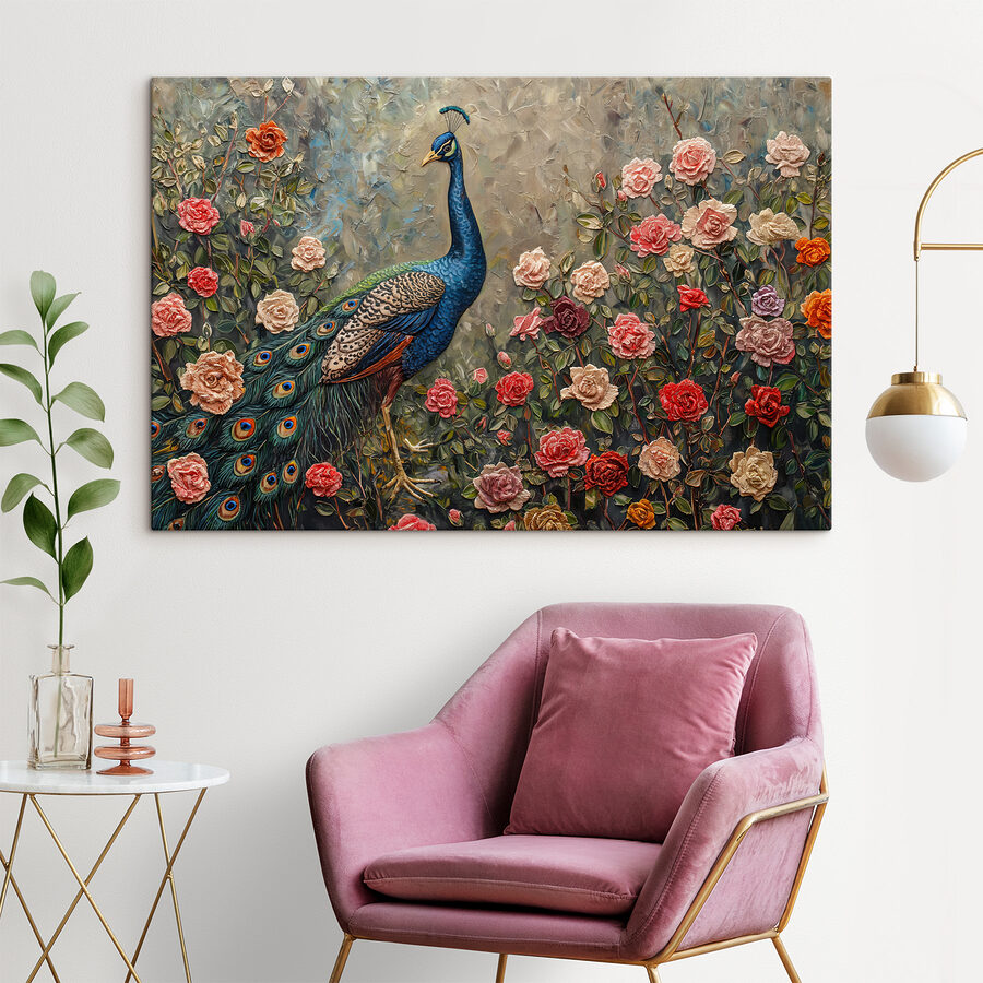 Peinture d'un paon entouré de fleurs