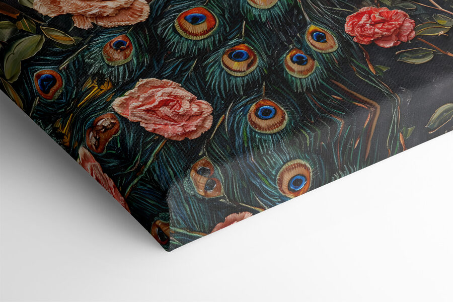 Peinture d'un paon entouré de fleurs