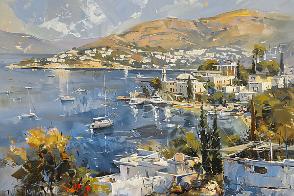 Peinture d'une ville et d'une étendue d'eau Peinture d'une ville et d'une étendue d'eau