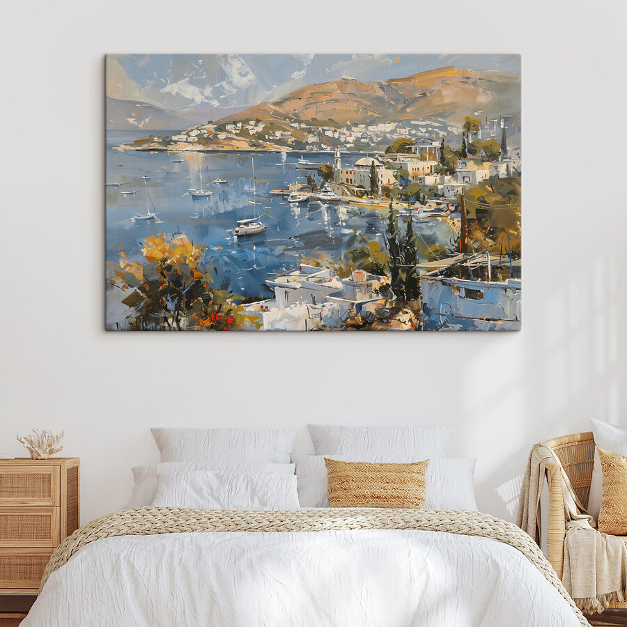 Peinture d'une ville et d'une étendue d'eau Peinture d'une ville et d'une étendue d'eau