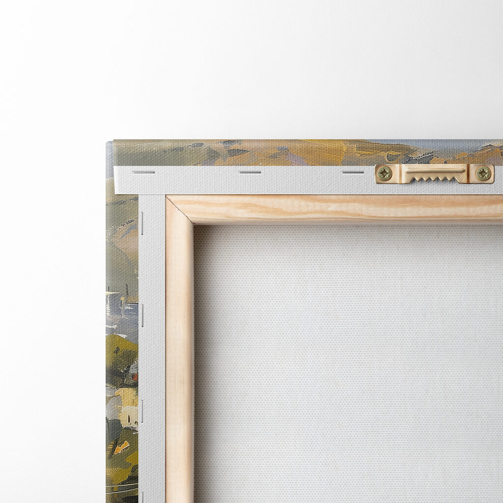 Painting of a city and a body of water