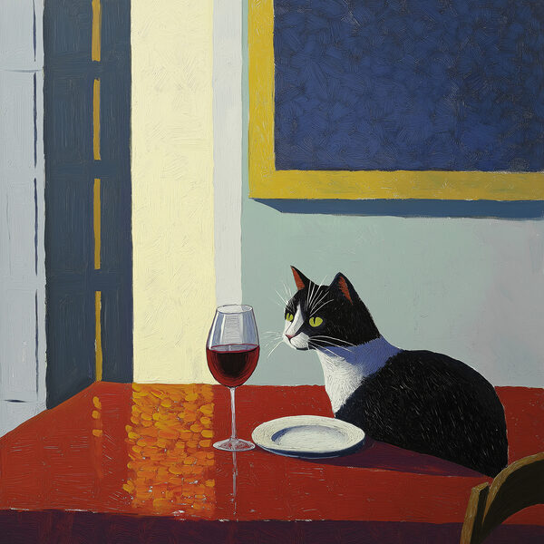 Chat assis à une table avec un plat et une assiette Chat assis à une table avec un plat et une assiette