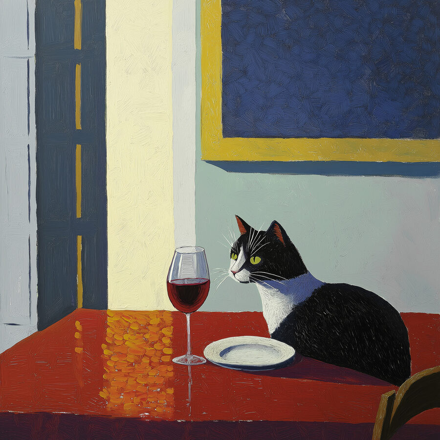 Chat assis à une table avec un plat et une assiette Chat assis à une table avec un plat et une assiette
